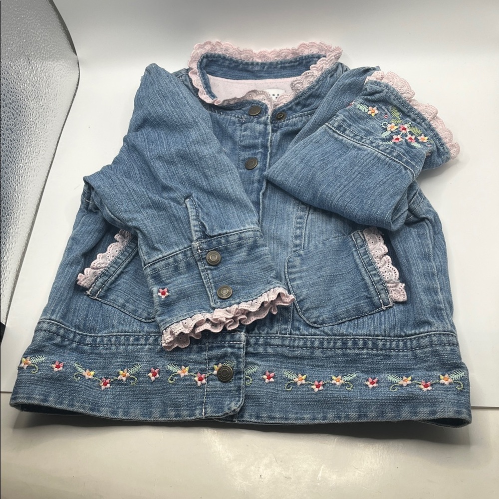 Rare VTG Baby GAP Denim Jean Jacket Floral Embroidered / Lace Sz. 12-18 Months